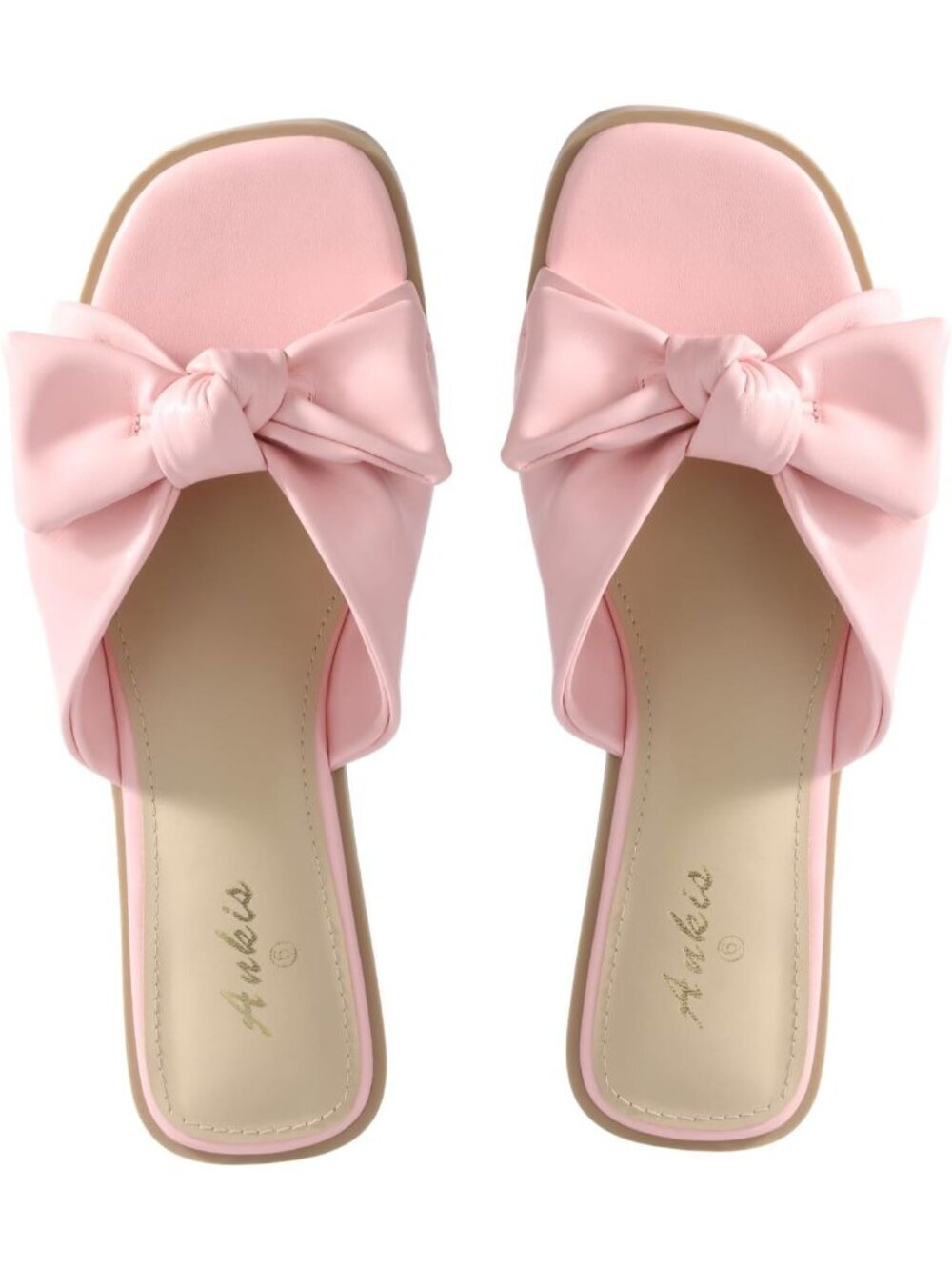 Women's Pink Bow Flat Square Open Toe Comfortable Slip On Slide Shoes Slippers